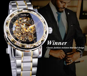 Winner men's skeleton mechanical watch with rhinestone bezel and silver gold link band