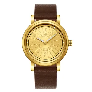 Gros plan du cadran de montre à quartz doré avec un disque rotatif social unique