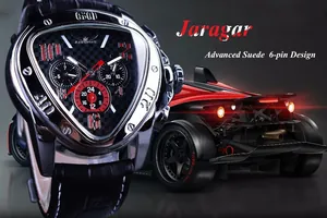 Detailed view of Jaragar triangle mechanical watch with racing-inspired 6-pin dial