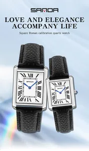Elegant SANDA couple quartz watches with Roman numerals and black leather straps