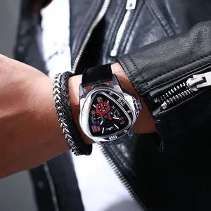 Close-up of men's triangular automatic mechanical watch with three-eye sub-dials.