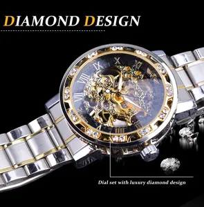 Macro view of Winner men's skeleton mechanical watch with diamond-set luxury bezel