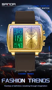 Gros plan sur la montre SANDA dorée à double affichage avec cadran carré et bracelet brun