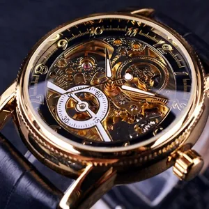 Close-up of Forsining gold automatic skeleton watch with intricate movement and black leather strap