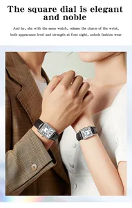 Close-up detail of couple wearing matching square dial watches with elegant Roman numerals