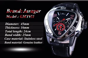 Detail view of Jaragar triangle automatic mechanical watch with stainless steel case and sub-dials