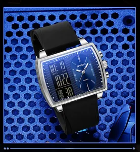 Montre homme SANDA carrée à double affichage avec cadran bleu et bracelet silicone