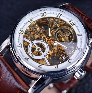 Close-up detail of Forsining men's skeleton automatic mechanical watch gears and dial