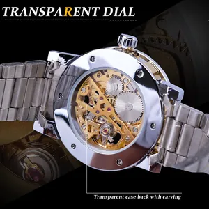 Detailed close-up view of Winner manual mechanical watch featuring transparent skeleton case back