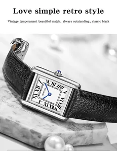 Detail view of SAMDA retro quartz watch with Roman numerals and black leather strap