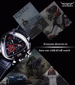 Detail view of a men's triangular automatic mechanical watch with racing lifestyle imagery.