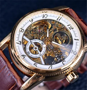 Forsining men's fashion skeleton automatic mechanical watch with brown leather strap detail