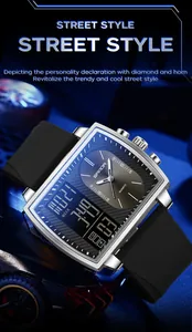 Gros plan d'une montre Sanda pour hommes avec double affichage, cadran carré et bracelet noir
