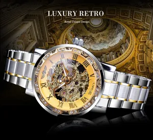 Close-up of Winner men's skeleton mechanical watch with rhinestones in luxury setting
