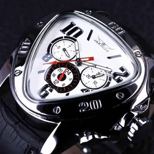 Close-up of Jaragar triangular automatic mechanical watch with white three-eye dial