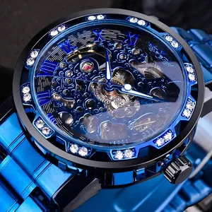 WINNER Montre Homme Mécanique Manuelle Squelette de Luxe Lunette en Strass Chiffres Romains Montre-Bracelet Mode Casual