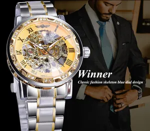 Luxury Winner men's skeleton mechanical watch with golden dial and rhinestone detailing