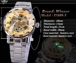 Winner men's skeleton mechanical watch with stainless steel band and luminous hands
