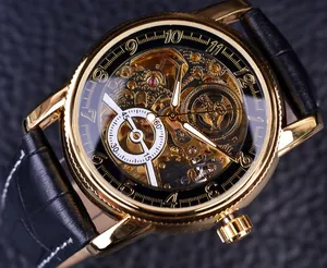 Macro view of a gold-toned skeleton automatic mechanical watch with a black leather strap