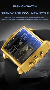 Vue détaillée de la montre Sanda dorée pour hommes avec cadran carré et double affichage