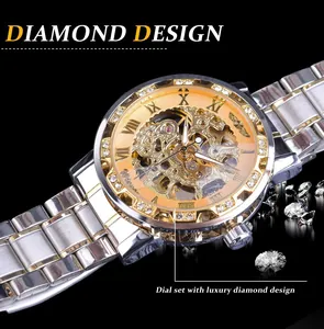Macro view of Winner men's mechanical watch featuring a gold skeleton dial with rhinestones