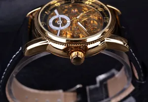 Close-up detail of golden skeleton mechanical watch with leather strap