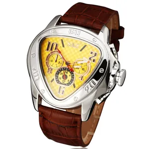Detail of JARAGAR men's triangular automatic watch with yellow checkered dial