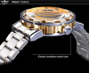 Detailed side view of Winner men's mechanical watch featuring a rhinestone bezel design