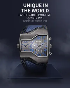 Primo piano dell'orologio da uomo Oulm con la sua cassa unica e il suo doppio fuso orario
