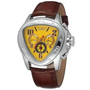 Close-up of Jaragar triangular mechanical watch with yellow dial and brown leather strap