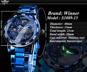 Montre mécanique squelette Winner pour homme avec bracelet en acier bleu et strass