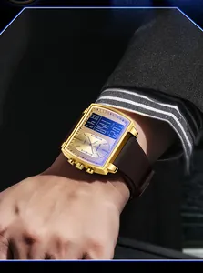 Gros plan d'une montre de luxe SANDA pour homme à double affichage avec boîtier doré rectangulaire