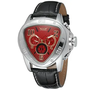 Close-up detail of JARAGAR men's triangular automatic mechanical watch with red dial