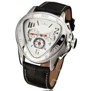 Detailed view of Jaragar men's triangular silver mechanical watch with black leather strap.