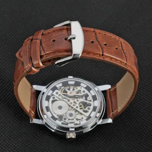 Detailed back view of T-Winner skeleton mechanical watch with brown embossed leather strap
