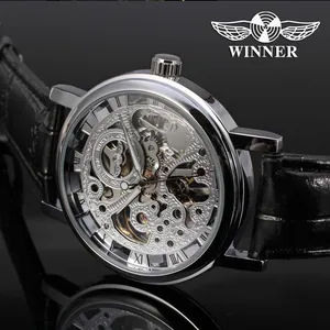 Close-up detail of T-Winner silver skeleton mechanical watch with black leather strap
