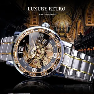 Montre mécanique squelette de luxe Forsining pour homme avec strass et bracelet bicolore