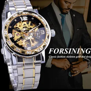 Montre squelette automatique Forsining de luxe pour hommes avec cadran d'or et strass