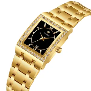 Elegant WWOOR gold square watch for women with diamond-set bezel and luxury black dial