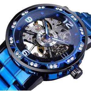 Montre mécanique Forsining pour homme, cadran squelette bleu orné de strass élégants