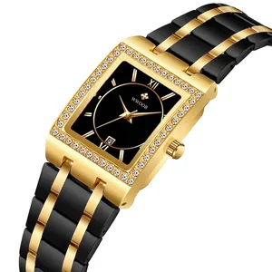 Elegant WWOOR square gold and black stainless steel watch with diamond bezel for women