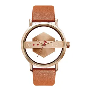Minimalistisch TOMI horloge met transparante wijzerplaat en bruine leren band voor unisex