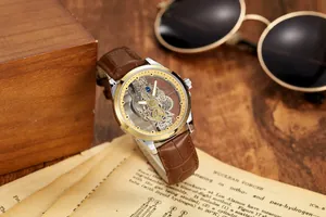 Detailed view of men's skeleton watch with brown leather strap in vintage setting
