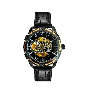 Sewor automatische Herren-Mechanikuhr mit Skelettzifferblatt und schwarzem Lederarmband