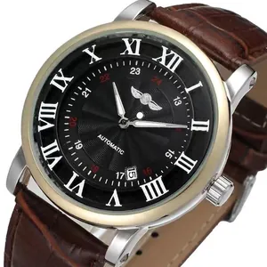 Winner heren automatisch mechanisch horloge met bruine leren band en zwarte Romeinse wijzerplaat