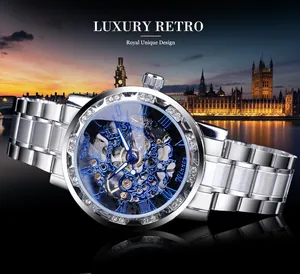Winner luxury men's skeleton mechanical watch with blue dial and crystal bezel