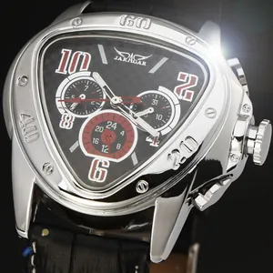Detailed macro shot of a silver triangular automatic mechanical watch with a black multi-dial