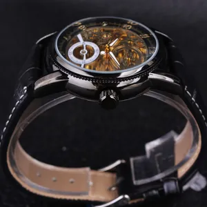 Side view of Forsining men's black skeleton automatic mechanical watch with leather strap
