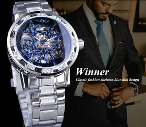 Detailed close-up of Winner men's skeleton mechanical watch with blue dial and diamond bezel