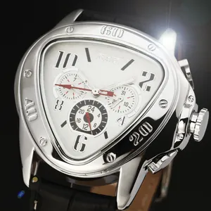 Detailed view of silver triangular mechanical watch with white dial and leather strap